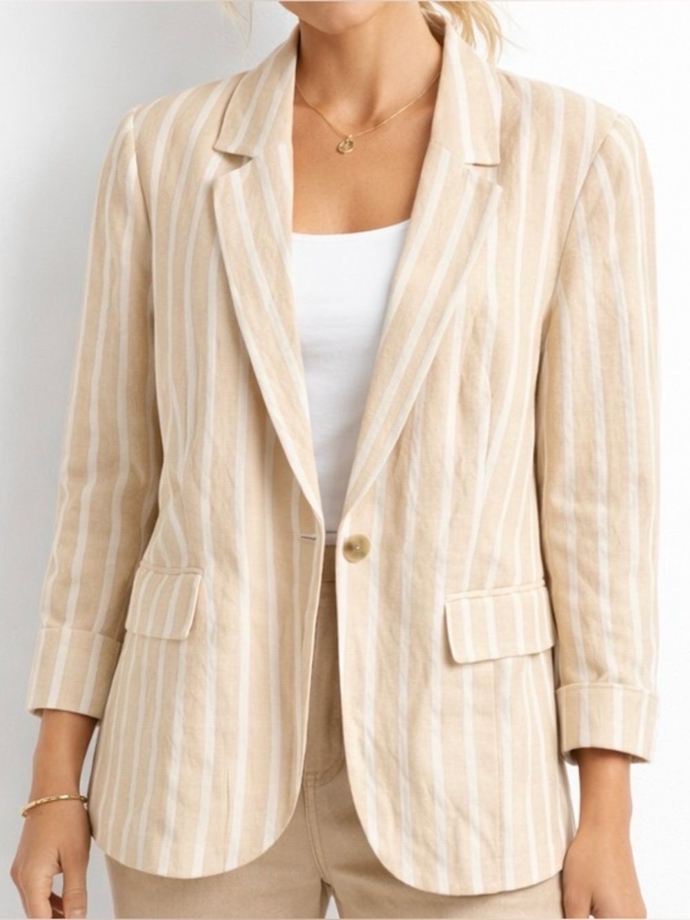 Philosophy Striped Linen Blazer Long Jacket Coastal Casual Event Cream Tan XL